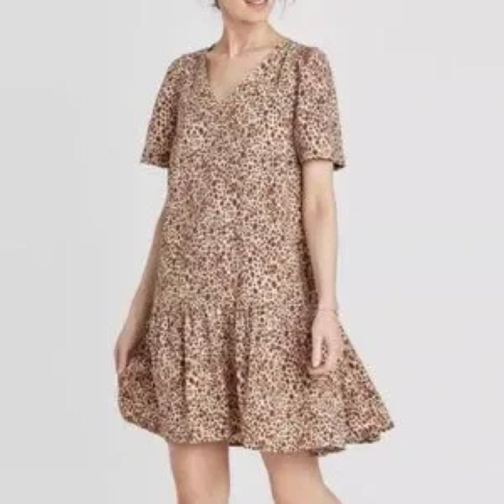 A New Day Women's Cheetah Print Ruffle Hem Short Sleeve Swing Dress Size L